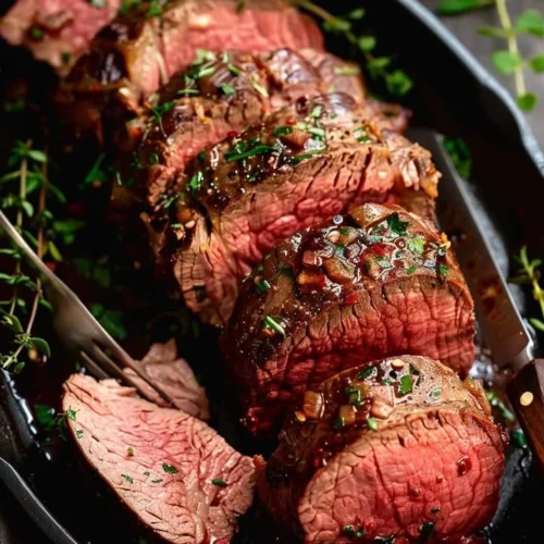 Beef tenderloin served with a savory pan sauce on a rustic wooden table