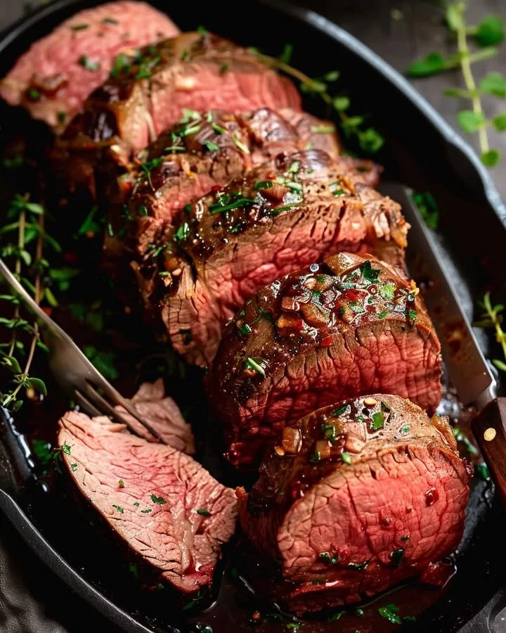Beef tenderloin served with a savory pan sauce on a rustic wooden table