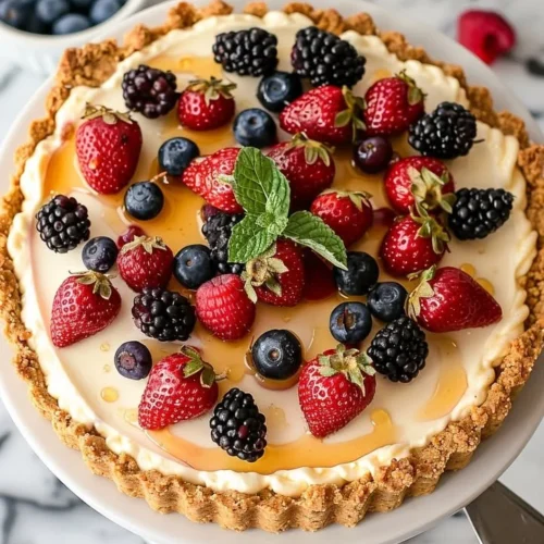 Delicious Berry Cottage Cheese Cheesecake topped with fresh berries