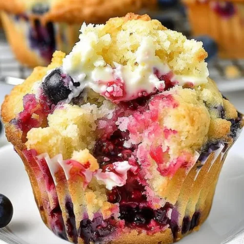Berry cream cheese muffins with fresh strawberries and blueberries on a plate.