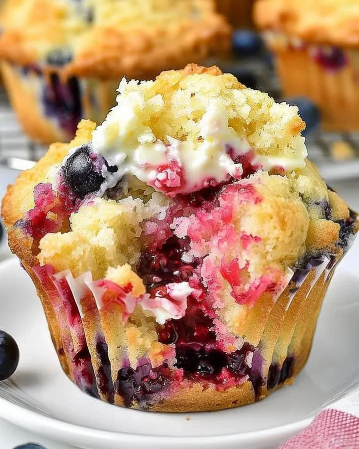 Berry cream cheese muffins with fresh strawberries and blueberries on a plate.