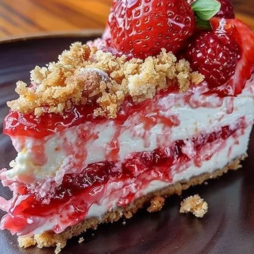 Berrylicious Strawberry Crunch Cheesecake topped with fresh strawberries