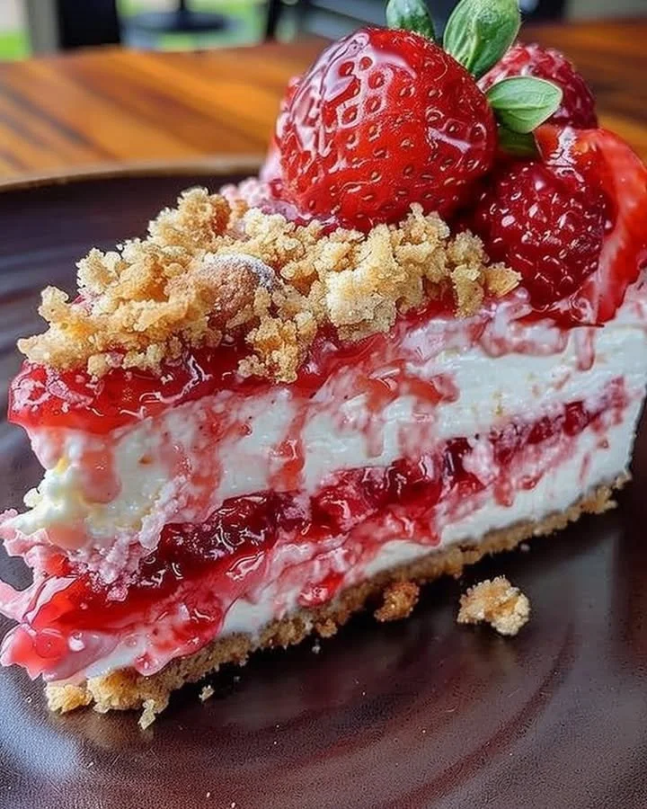 Berrylicious Strawberry Crunch Cheesecake topped with fresh strawberries
