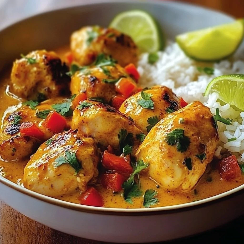 Delicious Brazilian Coconut Chicken served with rice and garnished with cilantro