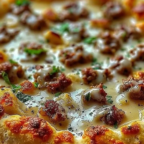 Biscuits and Sausage Gravy Breakfast Pizza topped with rich gravy and sausage