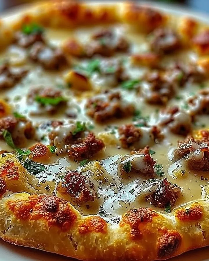 Biscuits and Sausage Gravy Breakfast Pizza topped with rich gravy and sausage
