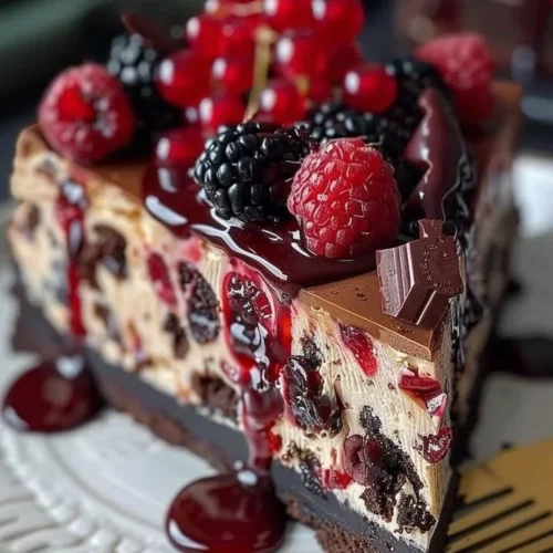 Delicious Black Forest Cheesecake garnished with cherries and chocolate shavings.