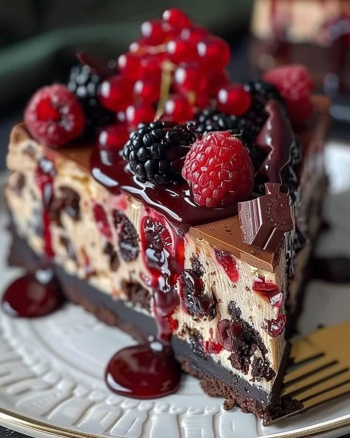 Delicious Black Forest Cheesecake garnished with cherries and chocolate shavings.