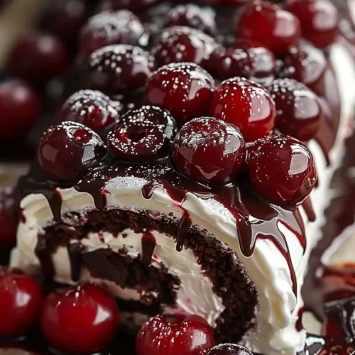Delicious Black Forest Swiss Roll with cherries and chocolate swirls