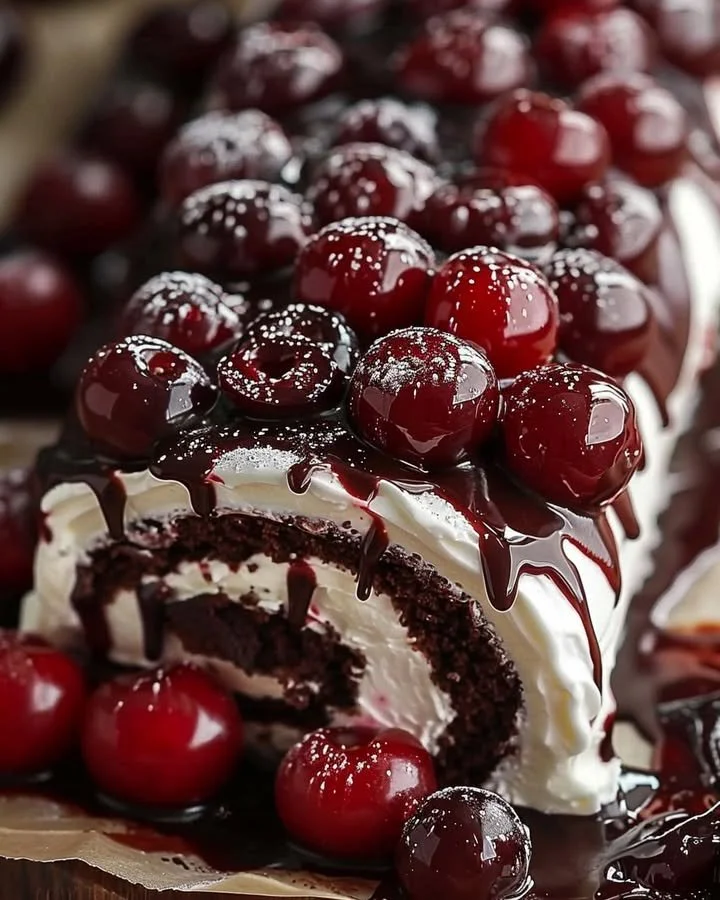 Delicious Black Forest Swiss Roll with cherries and chocolate swirls