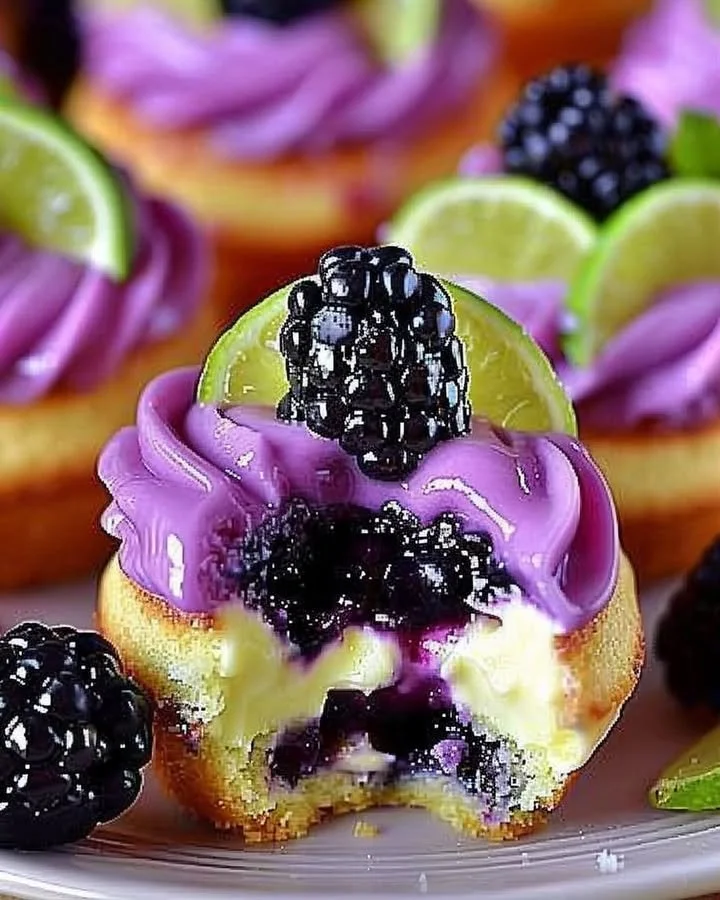 Blackberry Lime Cheesecake Cupcakes topped with fresh berries and lime zest