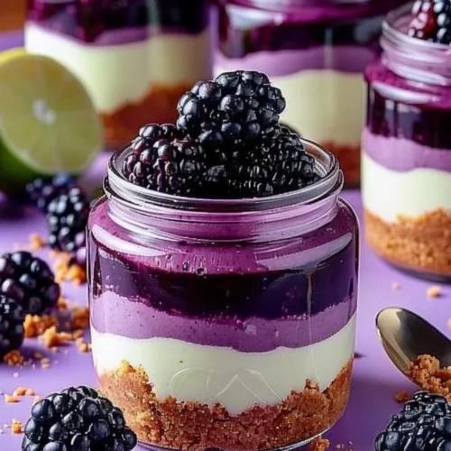Delicious Blackberry Lime Cheesecake Jars filled with fruity layers