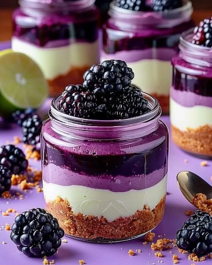 Delicious Blackberry Lime Cheesecake Jars filled with fruity layers