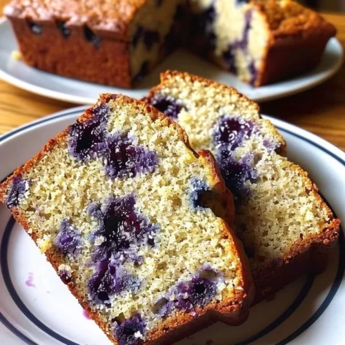 Freshly baked blueberry banana bread slices on a cooling rack