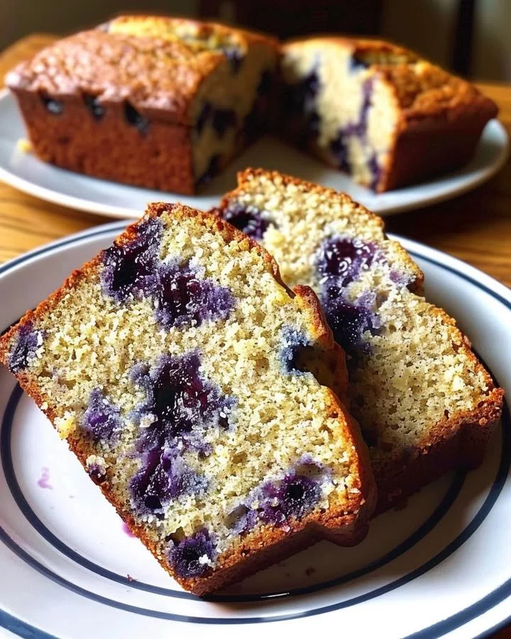 Freshly baked blueberry banana bread slices on a cooling rack