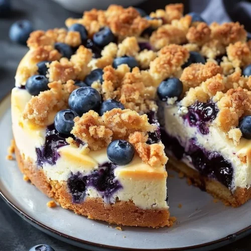 Blueberry Cream Cheese Coffee Cake topped with fresh blueberries and cream cheese icing.