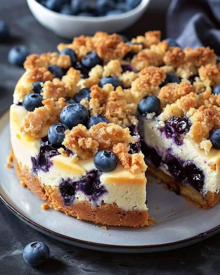 Blueberry Cream Cheese Coffee Cake topped with fresh blueberries and cream cheese icing.