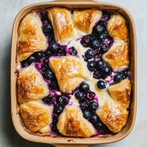 Blueberry cream cheese croissant casserole ready to serve