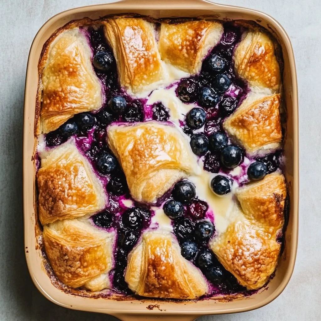 Blueberry cream cheese croissant casserole ready to serve