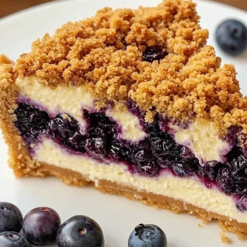 Slice of blueberry crumble cheesecake with fresh blueberries and crumble topping