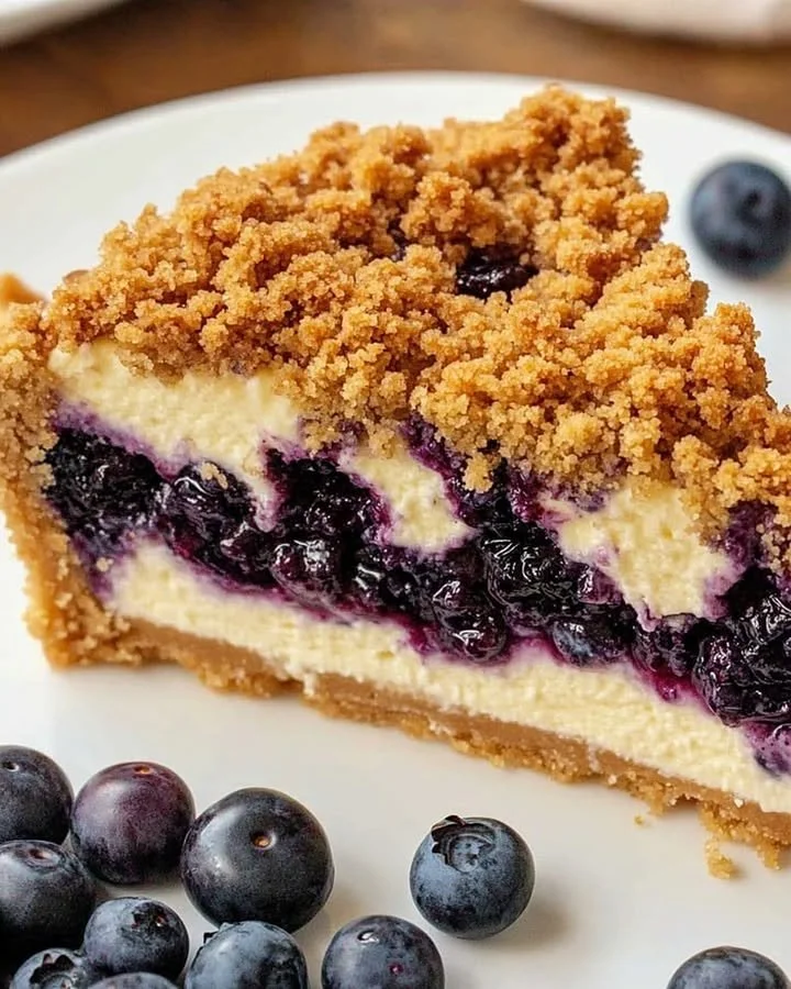 Slice of blueberry crumble cheesecake with fresh blueberries and crumble topping