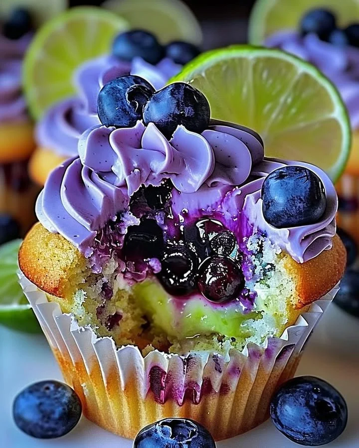 Blueberry lime cheesecake cupcakes topped with blueberry frosting and zest.