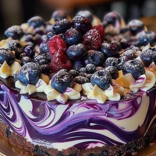 Delicious blueberry swirl cheesecake with vibrant blueberries topping