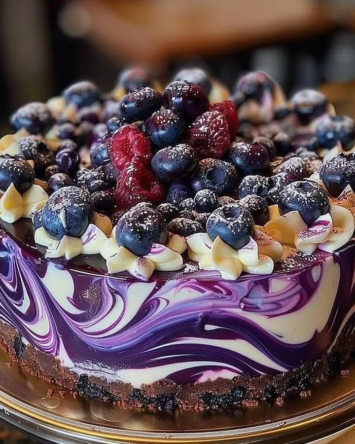 Delicious blueberry swirl cheesecake with vibrant blueberries topping