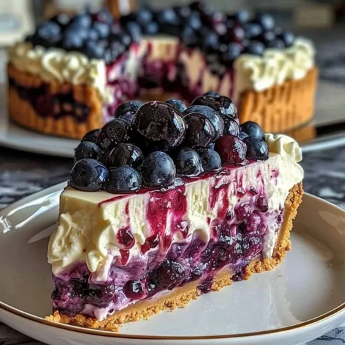 Delicious Blueberry Swirl Cheesecake with a creamy filling and blueberry topping