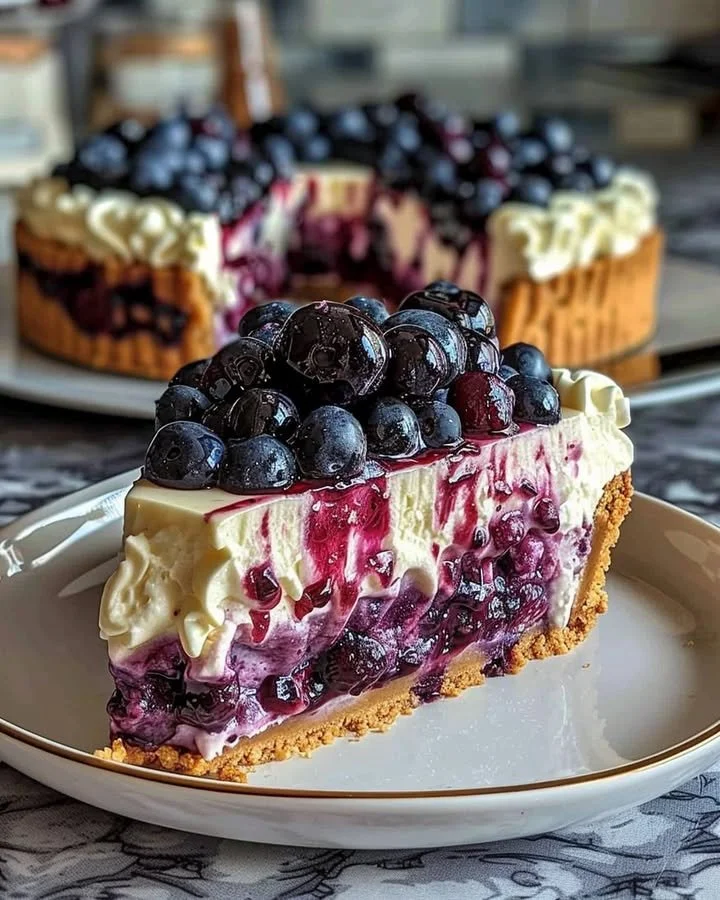 Delicious Blueberry Swirl Cheesecake with a creamy filling and blueberry topping