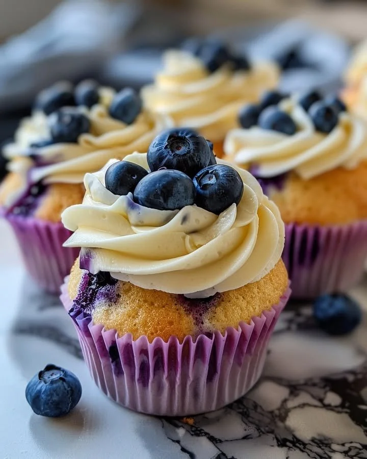 Blueberry white chocolate cupcakes topped with fresh blueberries