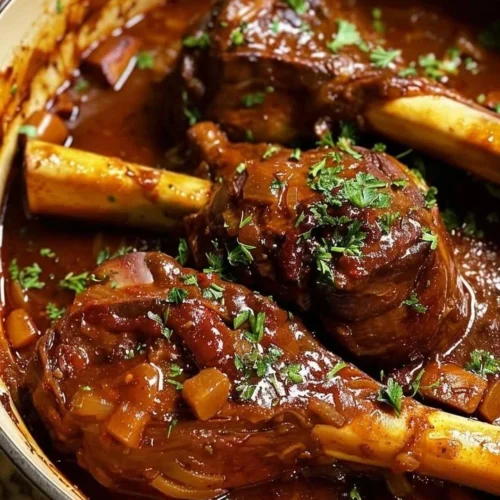 Delicious braised lamb shanks served with herbs and vegetables