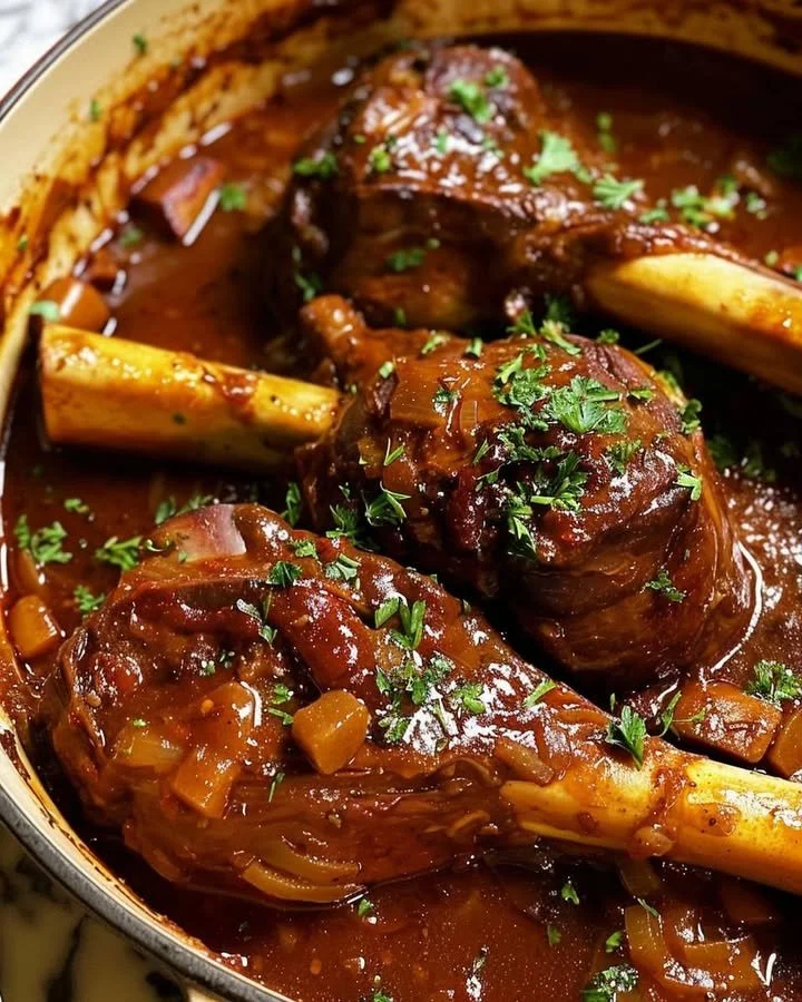 Delicious braised lamb shanks served with herbs and vegetables