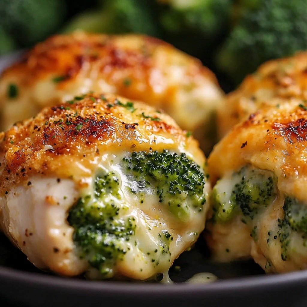Broccoli and cheese stuffed chicken breast on a plate, garnished with herbs.