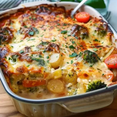 Delicious broccoli potato bake served in a dish, garnished and ready to eat.