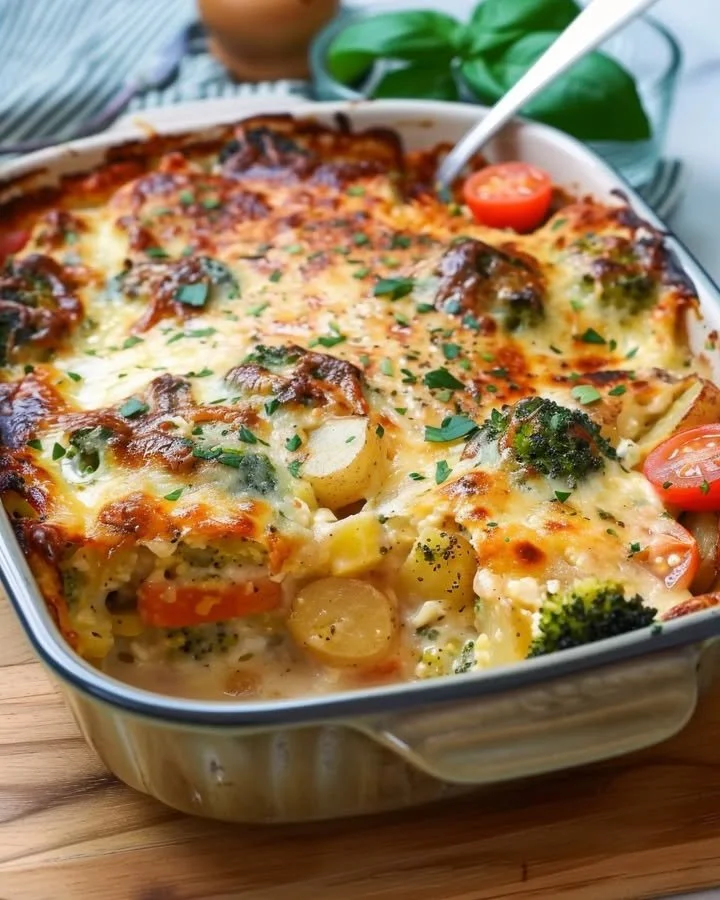 Delicious broccoli potato bake served in a dish, garnished and ready to eat.