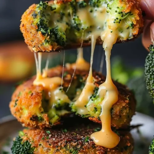 Crispy broccoli cheese patties served on a plate with a dipping sauce
