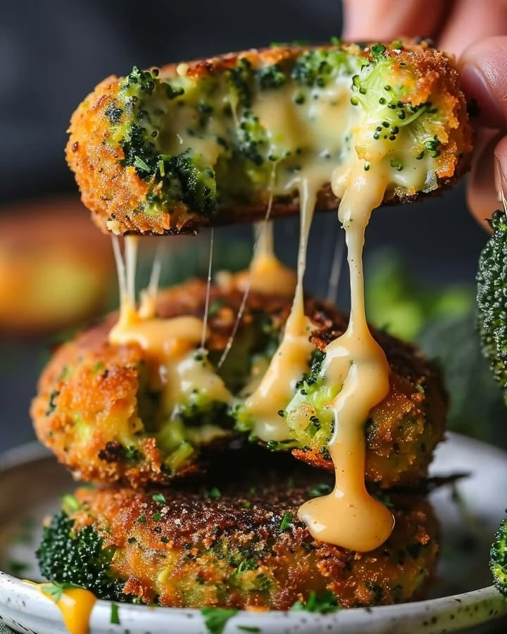 Crispy broccoli cheese patties served on a plate with a dipping sauce