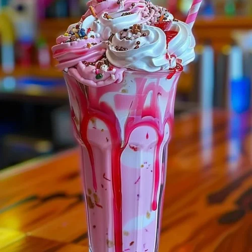Delicious Bubblegum Bliss Mega Shake topped with colorful sprinkles and whipped cream