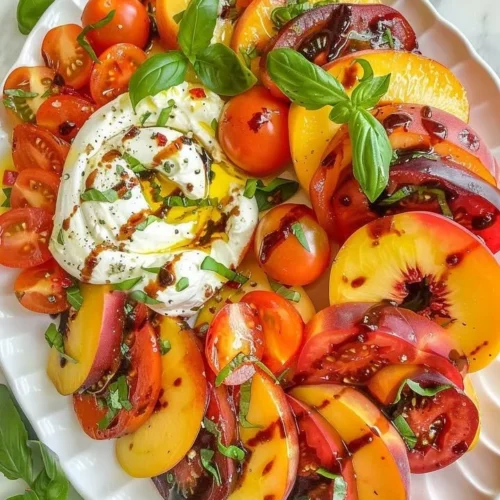 Burrata Tomato Peach Salad with fresh ingredients and vibrant colors.
