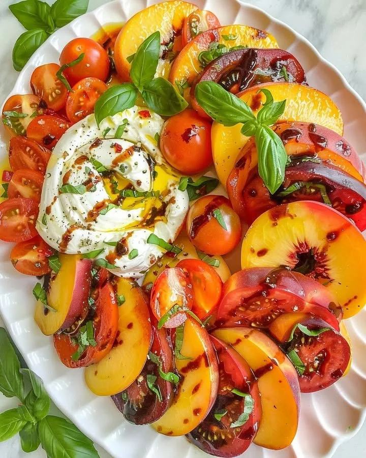 Burrata Tomato Peach Salad with fresh ingredients and vibrant colors.