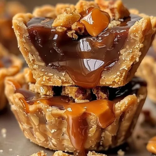 Butterfinger caramel crunch mini pies topped with chocolate and caramel sauce