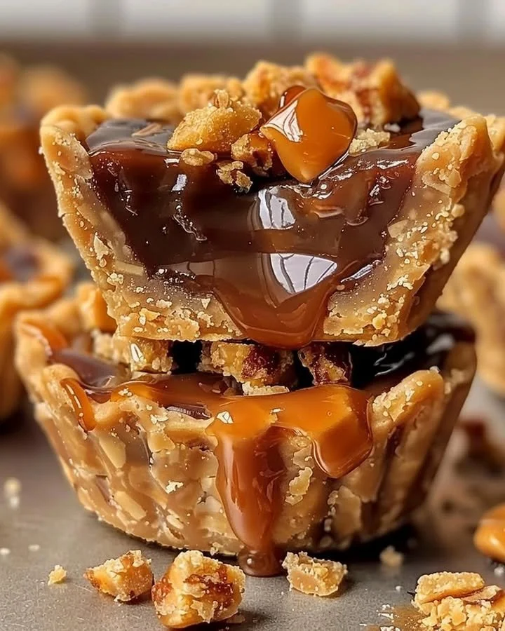 Butterfinger caramel crunch mini pies topped with chocolate and caramel sauce