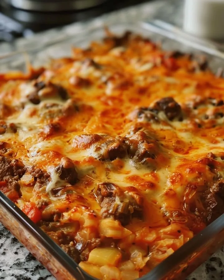 Delicious Cabbage Beef Bake served in a casserole dish with melted cheese.