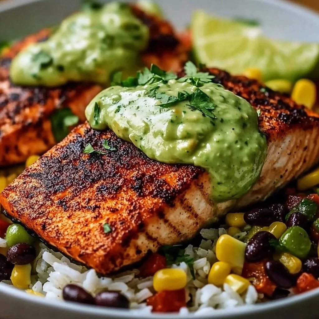 Cajun salmon fillet topped with avocado lime cream garnished with herbs