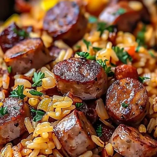 Delicious Cajun Sausage and Rice Skillet served in a frying pan