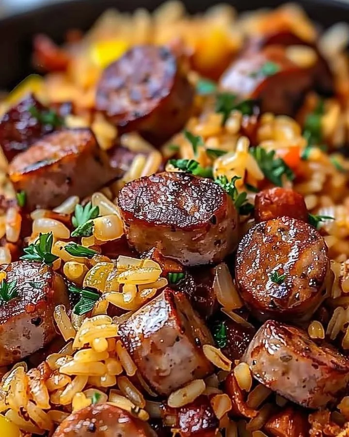 Delicious Cajun Sausage and Rice Skillet served in a frying pan