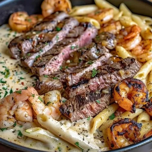 Cajun Shrimp Alfredo Pasta featuring shrimp, steak, and creamy Alfredo sauce