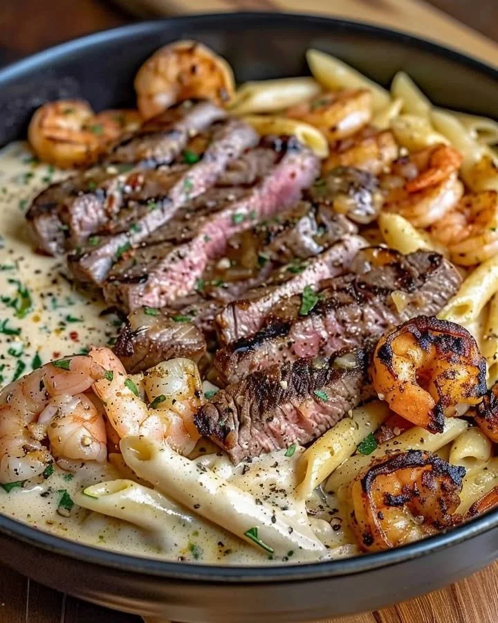 Cajun Shrimp Alfredo Pasta featuring shrimp, steak, and creamy Alfredo sauce