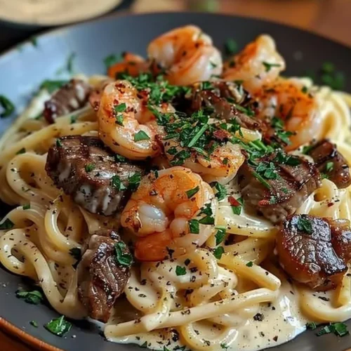 Cajun shrimp and steak alfredo pasta dish garnished with herbs